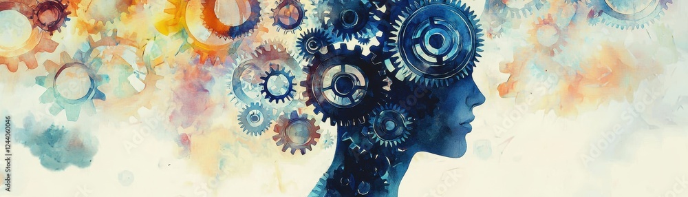 Poster a silhouette of a head filled with colorful gears and abstract patterns, symbolizing creativity and 
