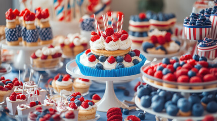 Colorful Dessert Table Featuring Red White and Blue Treats for Summer Celebration