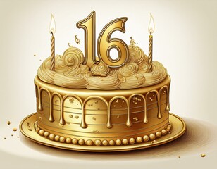 Illustration of decorated gold cake for birthday or anniversary party. Number 16, sixteenth birthday celebration