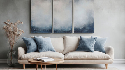 Cozy living room featuring a light-colored sofa, decorative cushions, and abstract wall art in a serene ambiance