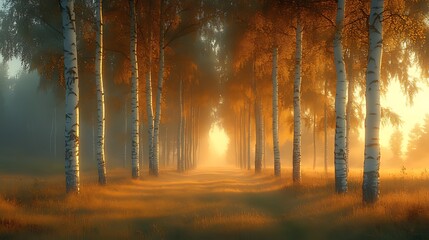 Misty sunrise path through autumn birch forest