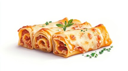 A serving of lasagna rolls, unique presentation, artistic pencil drawing, vibrant layered tones, isolated on white background