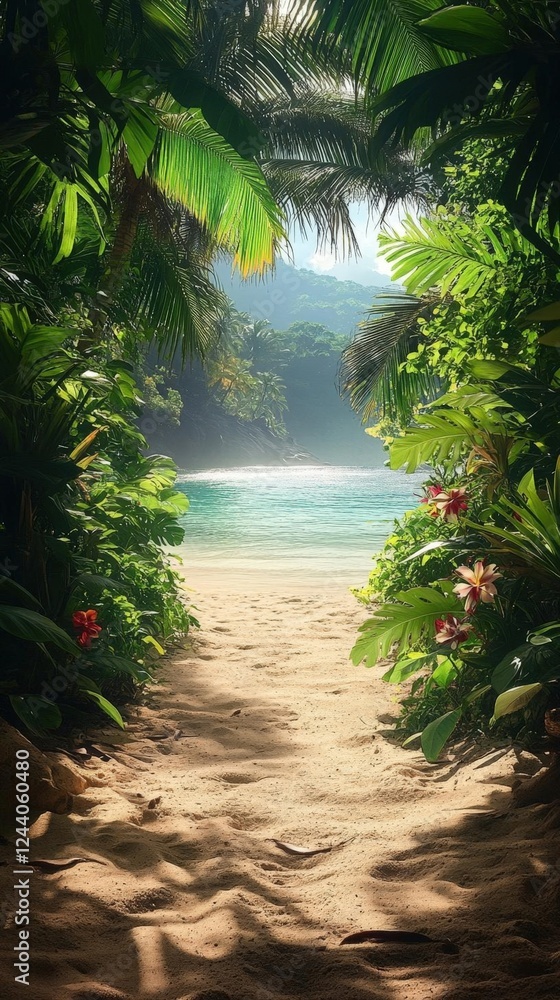 Canvas Prints Lush Tropical Beach Path: Sunlit Sand Leads to Ocean Through Green Foliage