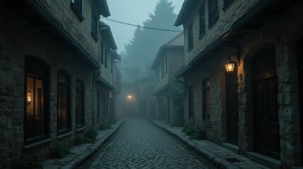 Obraz premium Foggy Street Scene in an Old Stone Village at Dusk