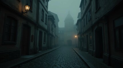 Fototapeta premium Foggy Cobblestone Street in an Old European Village at Dusk