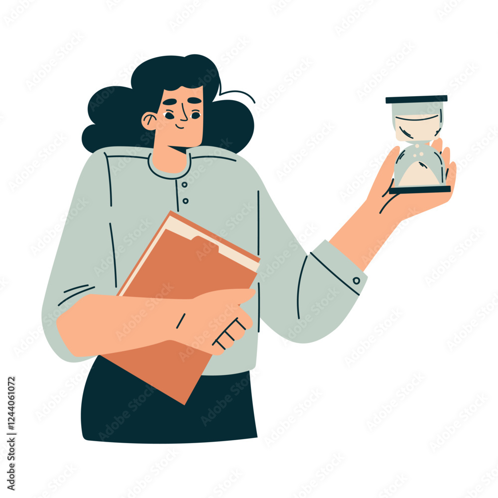 Aufkleber time management with woman character with hourglass organizing efficient business process vector ill