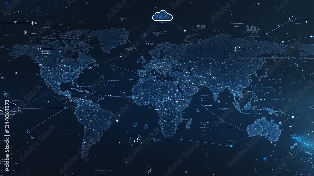 Fototapete digital world map with cloud icon, representing global networks and data connection