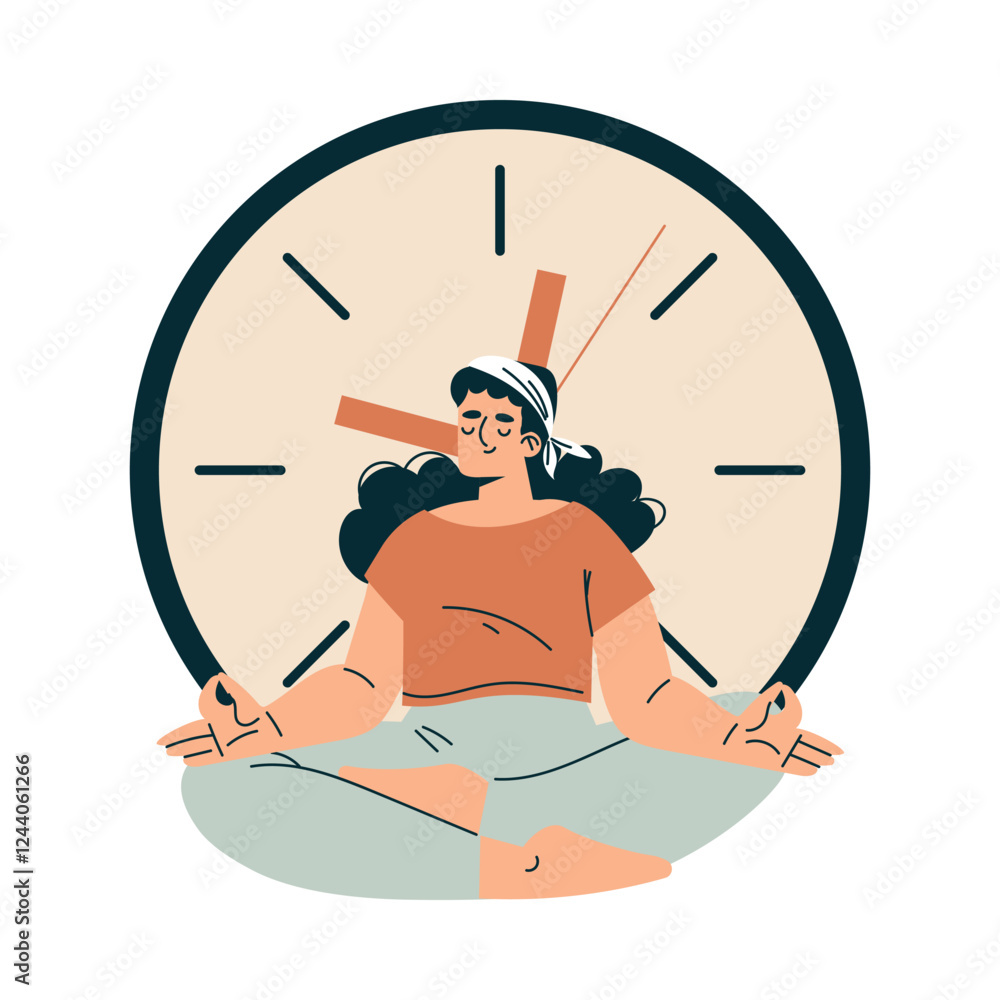 Aufkleber time management with woman character in meditation pose organizing efficient business process vector
