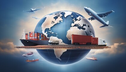 컨테이너 선박, 화물 비행기, 철도 물류가 함께 배치된 무역 지구본
