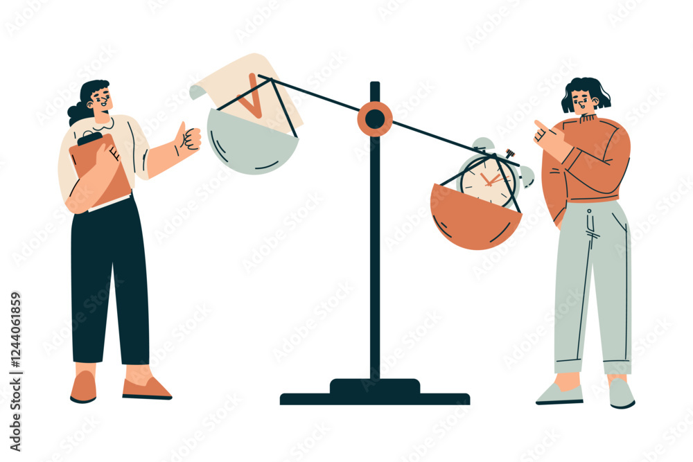 Aufkleber time management with woman character with clock on scales organizing efficient business process vect