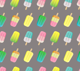 Colorful ice cream seamless pattern on grey background. Vector design.