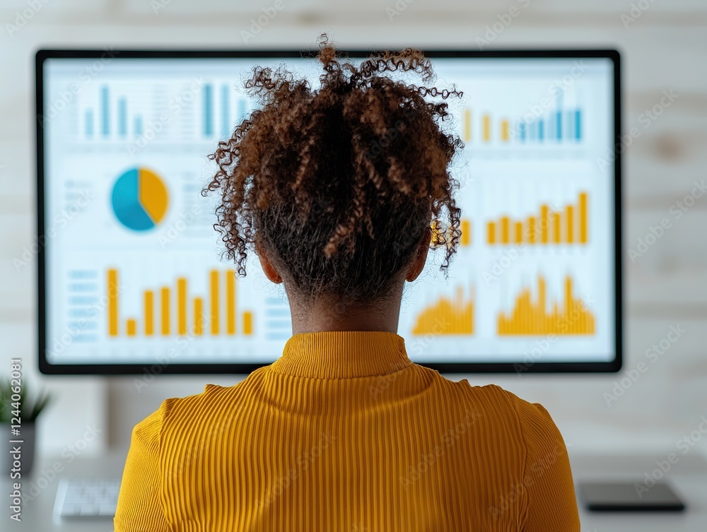 Poster analyzing business data trends office environment digital display focused perspective insights and g