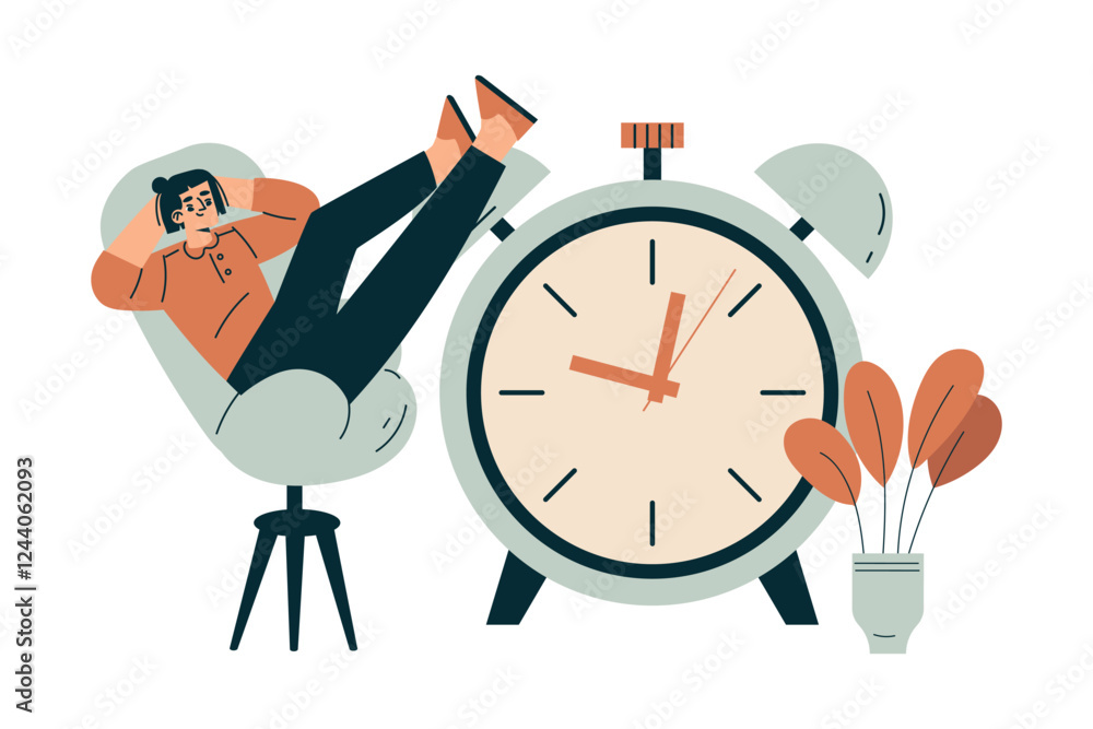 Fototapete Time Management with Man Character Relax on Chair with Clock Organizing Efficient Business Process Vector Illustration
