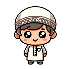 Cute Cartoon Boy Dressed in Traditional Islamic Clothing Clip Art Illustration