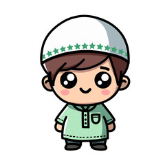 Cute Cartoon Boy in Green Traditional Islamic Attire Clip Art Illustration