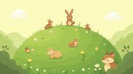 Obraz premium Cute Animals on Green Hill with Flowers in a Pastel Color Palette
