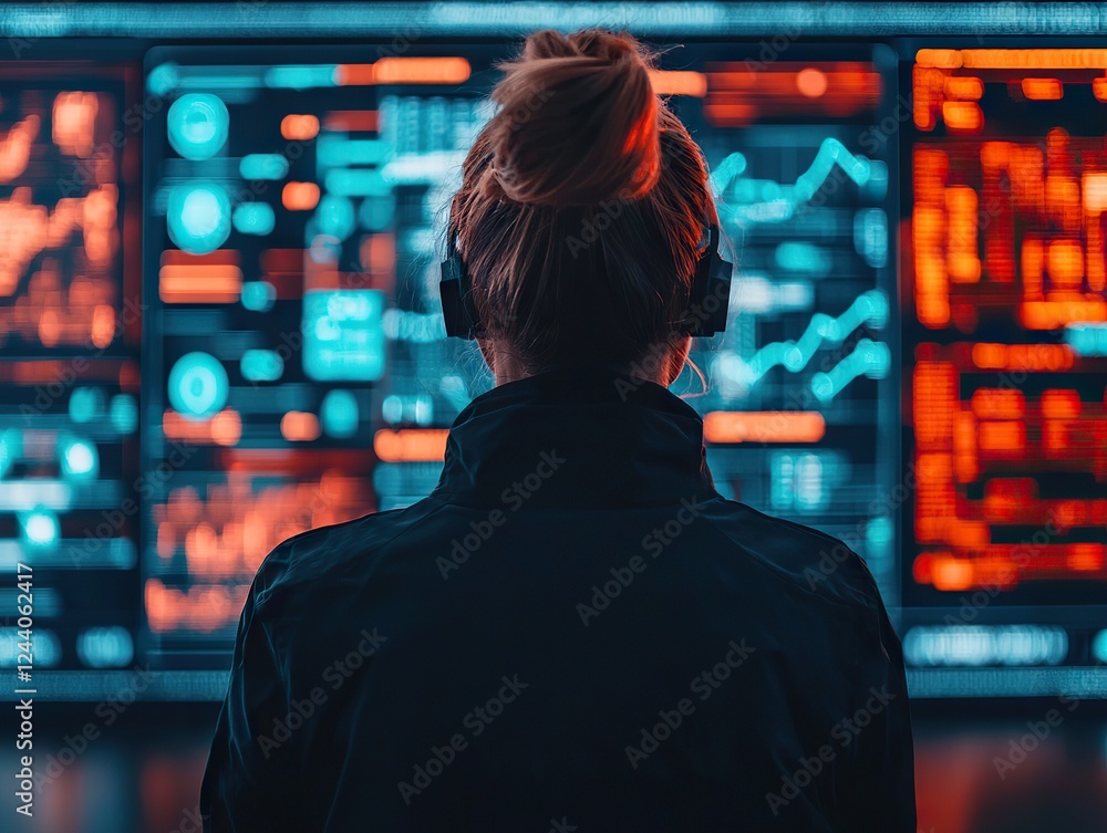 Poster data analysis event tech analyst at high-tech office digital screen environment futuristic viewpoint
