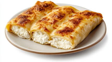 A serving of ricotta-filled cannelloni, Italian baked dish, hyper-realistic rendering, golden crust and white filling, isolated on white background