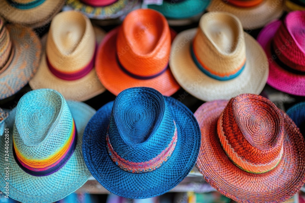 Poster A collection of different hats stacked on a shelf