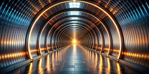 Naklejka premium Futuristic Metal Corridor with Illuminated Circular Walls and Reflective Floor