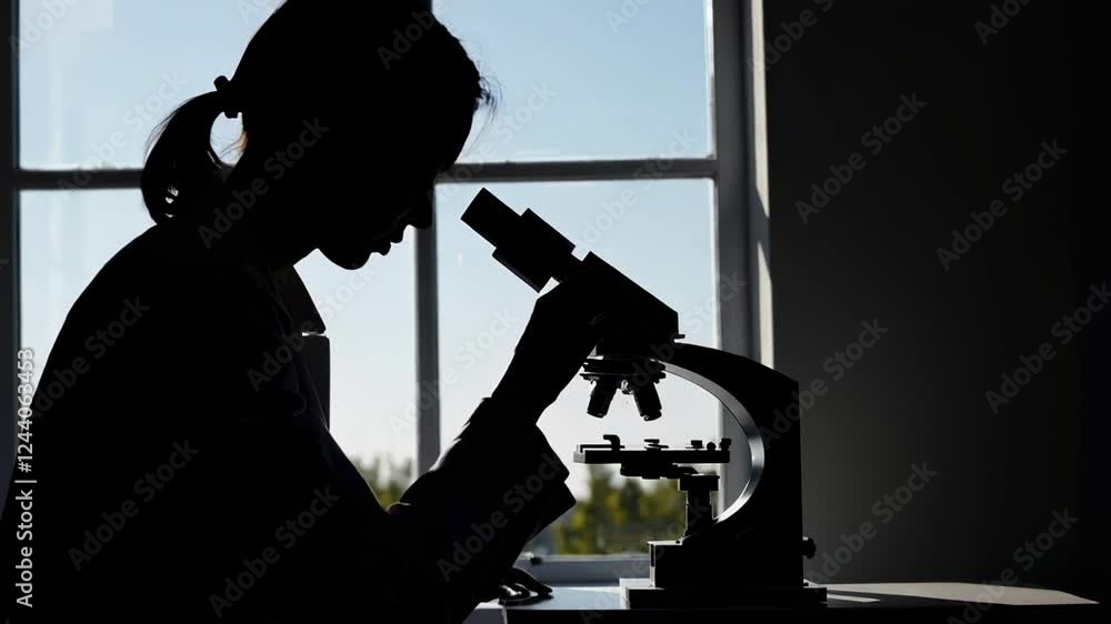 Poster slow motion silhouette of a female scientist meticulously observing samples through a microscope, il