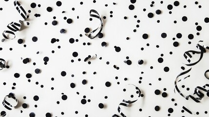 A creative flat lay of polka-dot patterned confetti and shiny streamers randomly sprinkled on a pristine white surface
