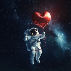 Fototapeta premium A floating astronaut holds a heart-shaped balloon in a majestic starry backdrop, symbolizing cosmic love.