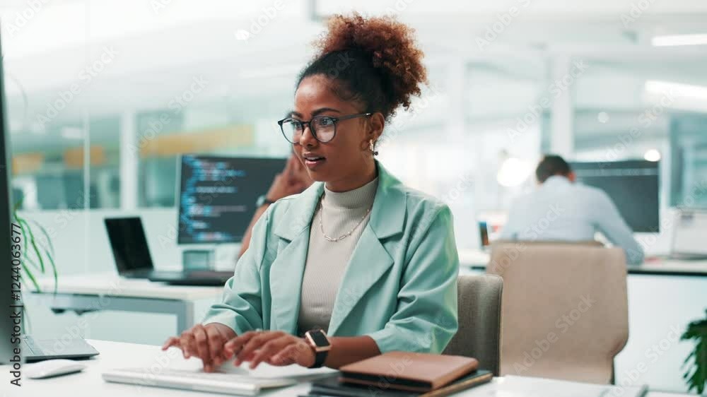 Fototapete Woman, software developer or design with computer for app development or coding at office desk. Female person, programmer or coder with glasses or technology for UI, UX or AI programming at workplace