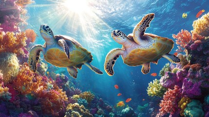 Obraz premium Two sea turtles gracefully swim through vibrant coral reefs, illuminated by sunlight filtering down from the ocean's surface.