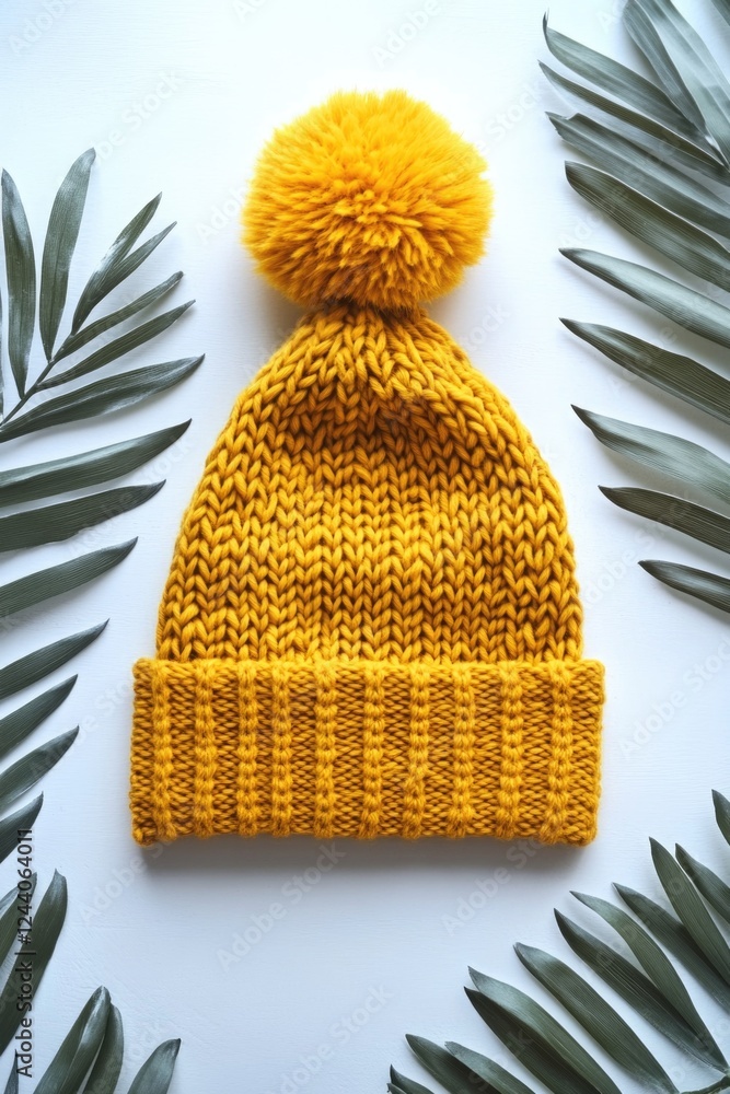Poster a bright and cheerful knitted hat with a fluffy pom pom on top, perfect for adding a pop of color to