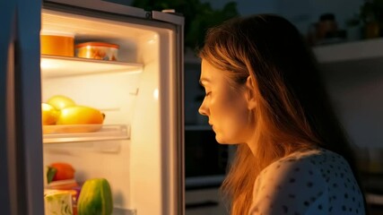 Pensive young woman illuminated by refrigerator light, searching for midnight snack in slow motion, revealing late night food craving and domestic lifestyle