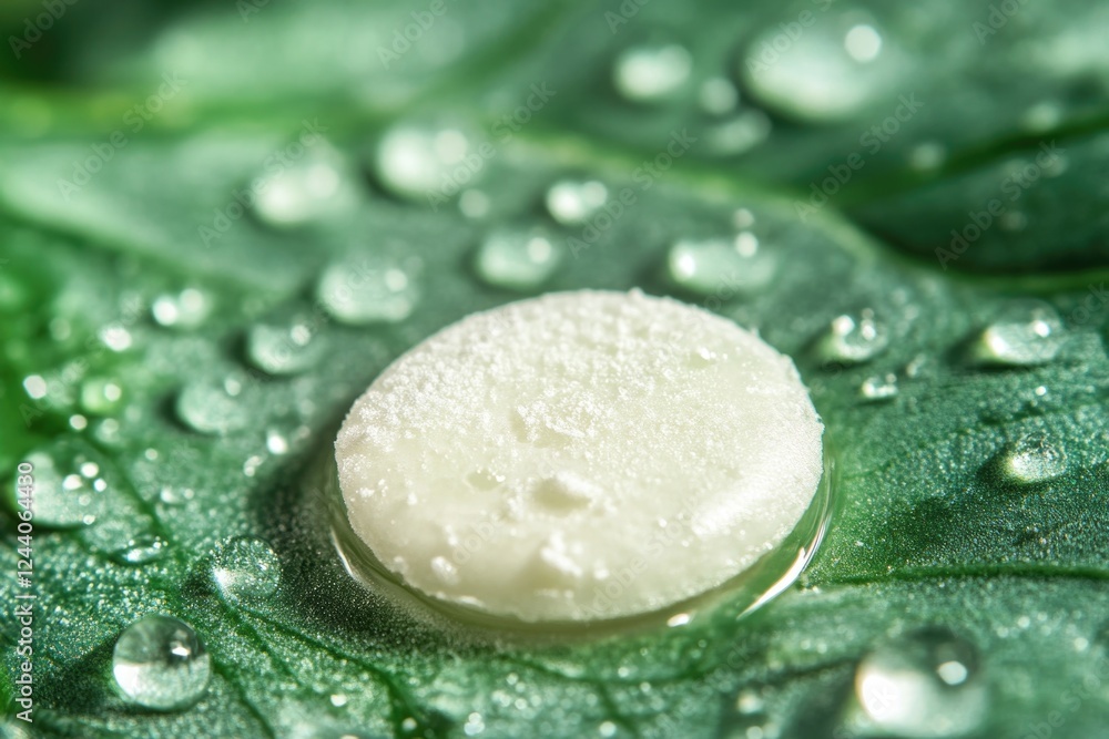 Poster a close-up view of water droplets on a leaf, highlighting the intricate details and textures