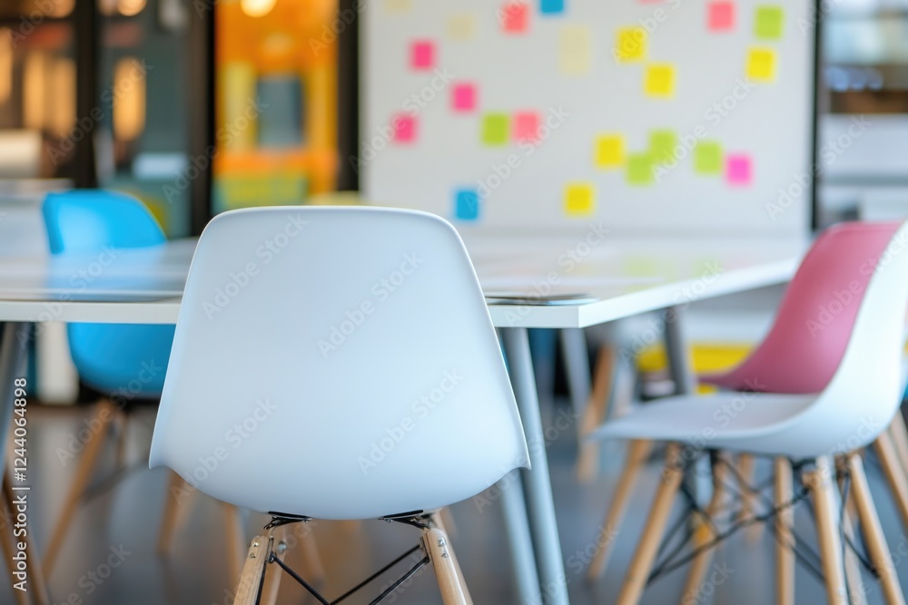 Poster a simple setup featuring a white table with four chairs and a white board for collaborative work or 