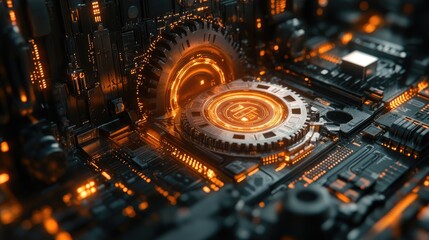 Fototapeta premium A close-up of a futuristic circuit board with glowing elements and intricate details.