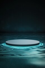 circular podium floating above alien lake with glowing ripples surreal bioluminescent background creating ample copy