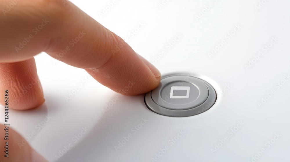 Poster a person presses a button on a white surface