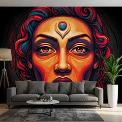 A mural-inspired wallpaper design with a 3D effect, featuring a large abstract face that appears to pop out of the screen.