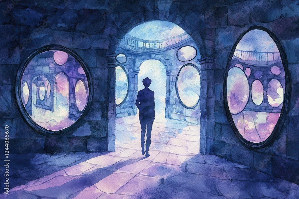 Poster a figure walks through a mystical archway, surrounded by ethereal light and circular windows, creati