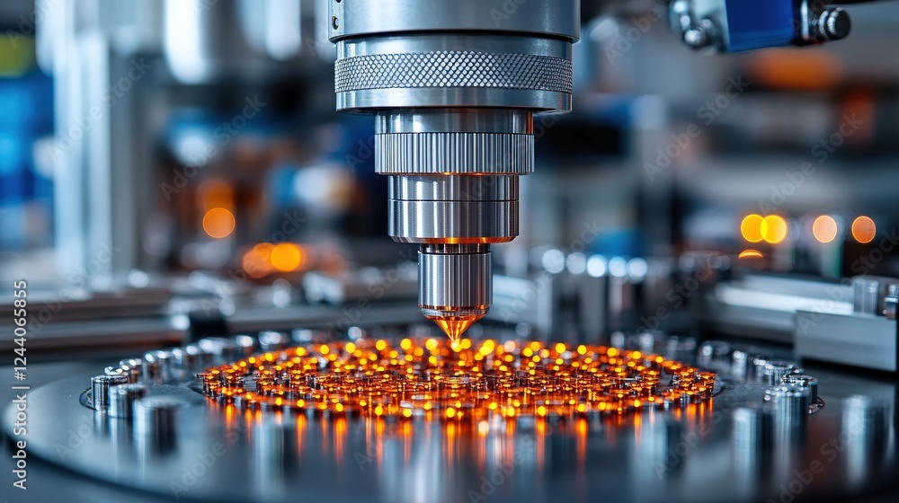 Poster close-up of advanced machinery dispensing liquid onto a circular substrate in a high-tech lab