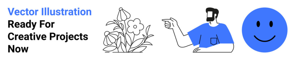 Cartoon man gesturing at blooming flowers, accompanied by a smiling blue face. Ideal for education, creativity, environment, teamwork, positive thinking, visual branding, flat landing page banner
