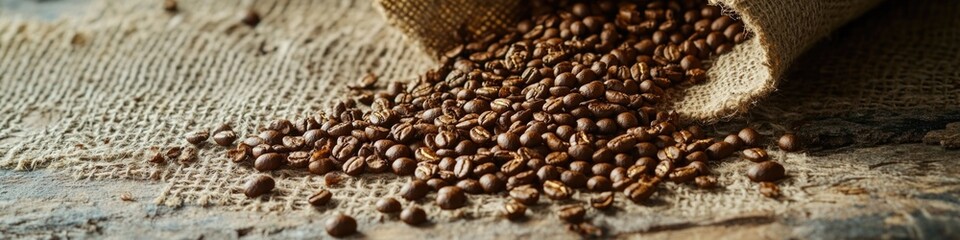 Fototapeta premium A bag of coffee beans has spilled open on a surface, with individual beans scattered around