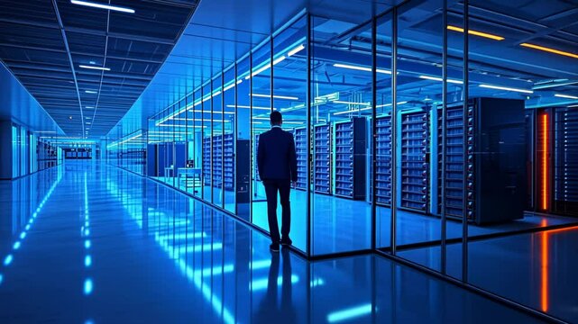 Businessman walking through a futuristic data center with blue lighting