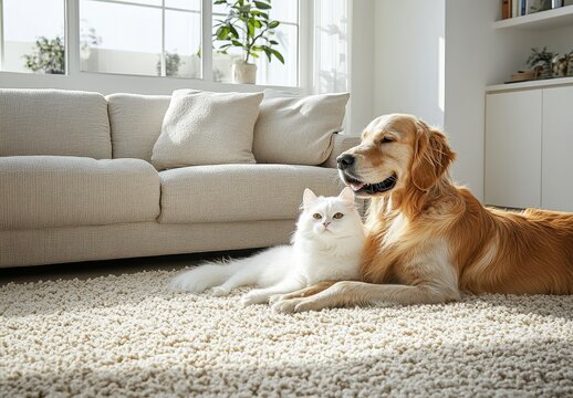 Adorable golden retriever relaxing with fluffy white cat on cozy carpet in modern living room filled with natural light and stylish furniture