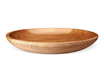 Empty Wooden plate isolated on white background with clipping path, close up. Front perspective view of an empty wood plate or round board. Handcrafted rustic dish cooking utensils. Mock up template.