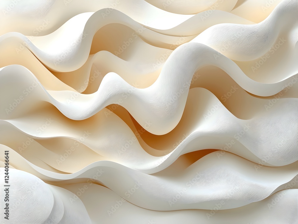 Poster a serene abstract image featuring undulating waves in soft white and beige hues, creating a smooth a
