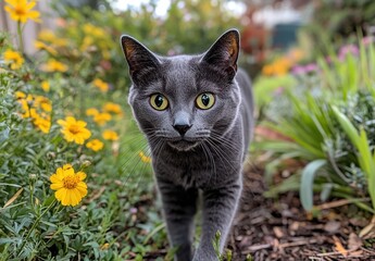 Fototapeta premium Adorable gray cat exploring a vibrant garden filled with colorful flowers and lush greenery in bright daylight