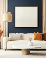 Cozy contemporary living room, rectangular frame mockup on deep blue accent wall with warm wooden panels, soft beige boucle sofa, terrazzo coffee table