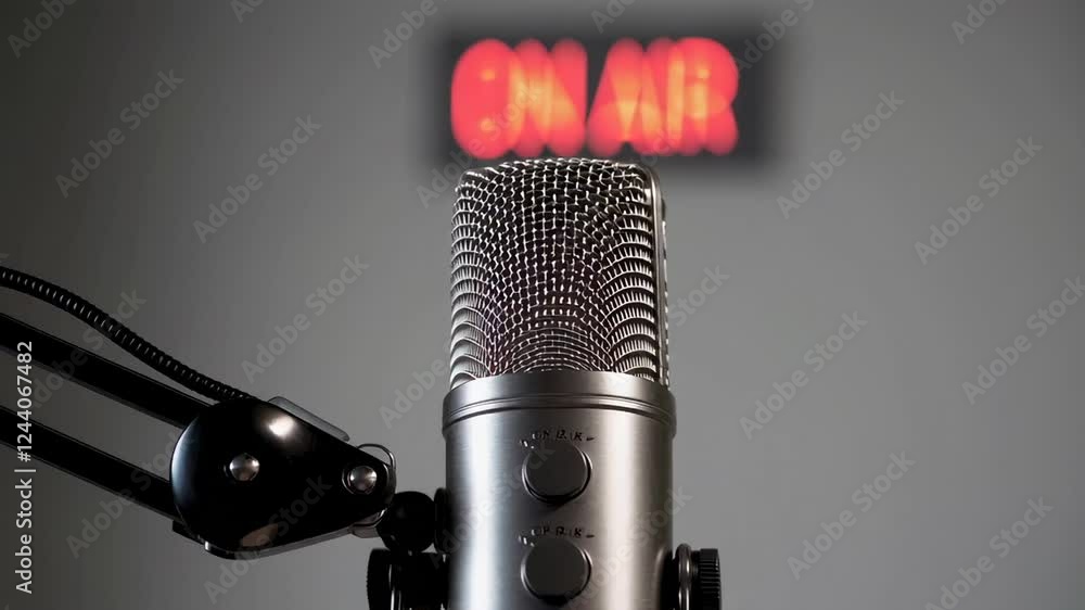 Poster professional podcast recording capturing red on air sign and condenser microphone, showcasing audio 