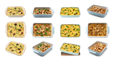 Set of cooked foods in baking dishes isolated on white, set