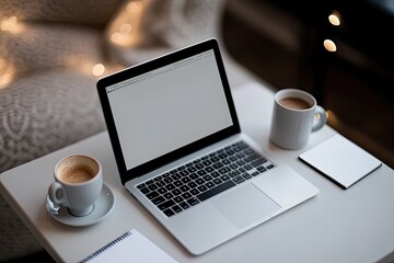 Fototapeta premium close-up of laptop on modern coworking desk accompanied by coffee cup and notepad with soft lighting and clean space